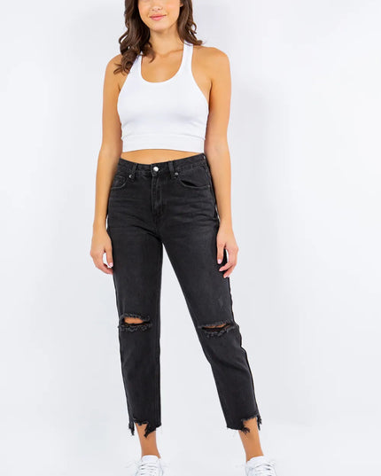 American Bazi High Waist Distressed Cropped Straight Jeans - THE AMERICAN BLUE