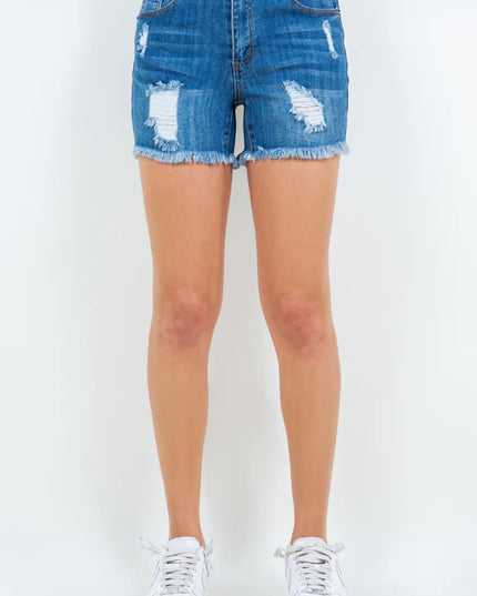 American Bazi High Waist Distressed Frayed Denim Shorts - THE AMERICAN BLUE
