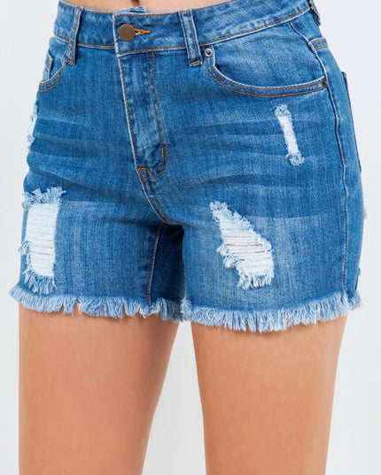 American Bazi High Waist Distressed Frayed Denim Shorts - THE AMERICAN BLUE