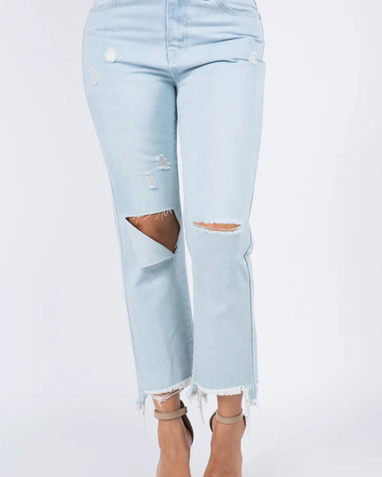 American Bazi High Waist Distressed Raw Hem Jeans - THE AMERICAN BLUE