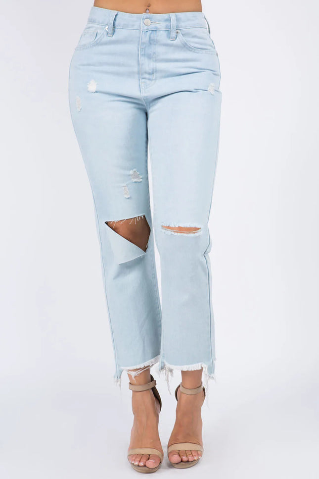 American Bazi High Waist Distressed Raw Hem Jeans - THE AMERICAN BLUE