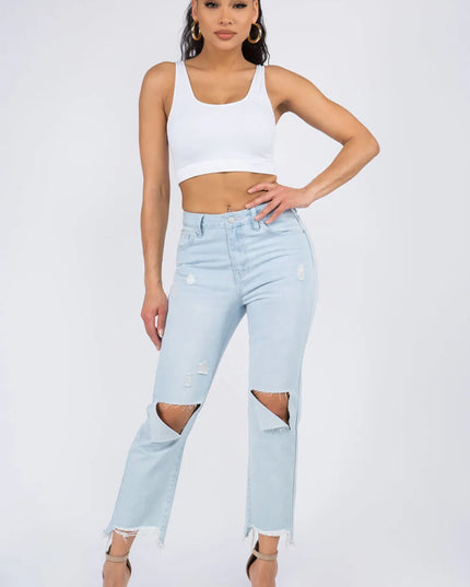 American Bazi High Waist Distressed Raw Hem Jeans - THE AMERICAN BLUE