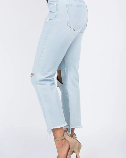 American Bazi High Waist Distressed Raw Hem Jeans - THE AMERICAN BLUE