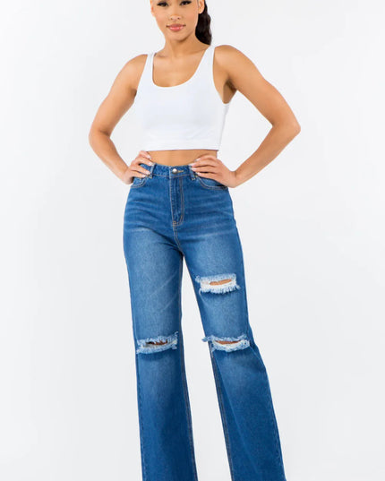 American Bazi High Waist Distressed Wide Leg Jeans - THE AMERICAN BLUE