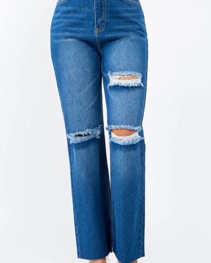 American Bazi High Waist Distressed Wide Leg Jeans - THE AMERICAN BLUE