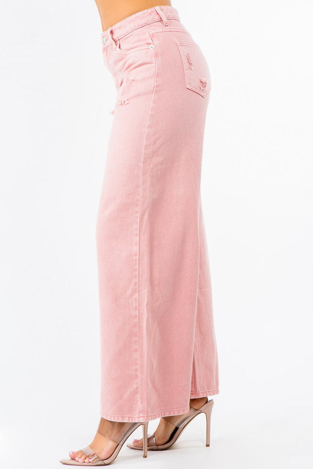 American Bazi High Waist Distressed Wide Leg Jeans - THE AMERICAN BLUE