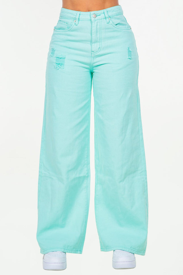American Bazi High Waist Distressed Wide Leg Jeans - THE AMERICAN BLUE