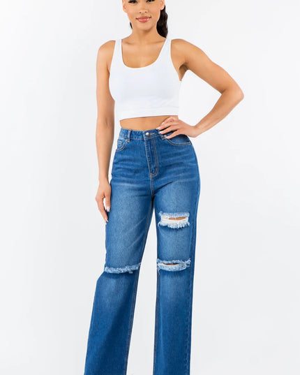 American Bazi High Waist Distressed Wide Leg Jeans - THE AMERICAN BLUE