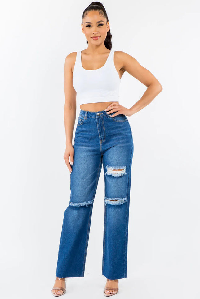 American Bazi High Waist Distressed Wide Leg Jeans - THE AMERICAN BLUE