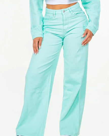 American Bazi High Waist Distressed Wide Leg Jeans - THE AMERICAN BLUE