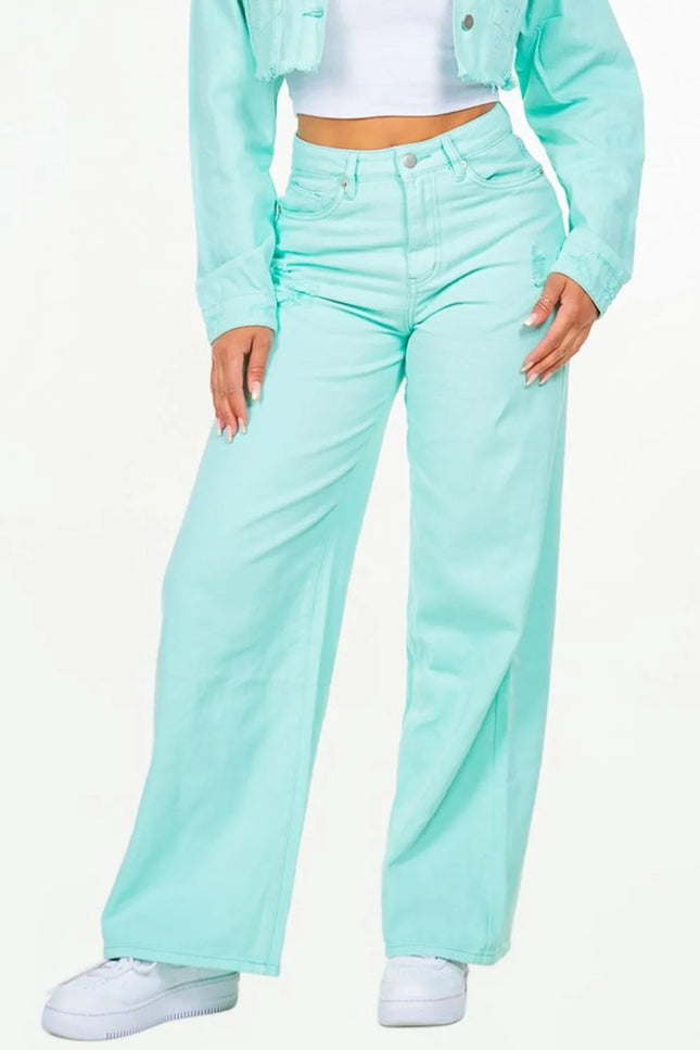 American Bazi High Waist Distressed Wide Leg Jeans - THE AMERICAN BLUE