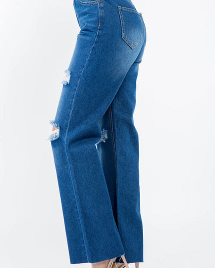 American Bazi High Waist Distressed Wide Leg Jeans - THE AMERICAN BLUE