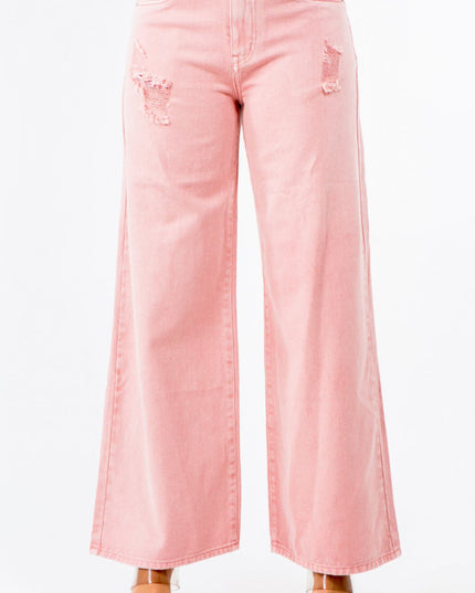 American Bazi High Waist Distressed Wide Leg Jeans - THE AMERICAN BLUE
