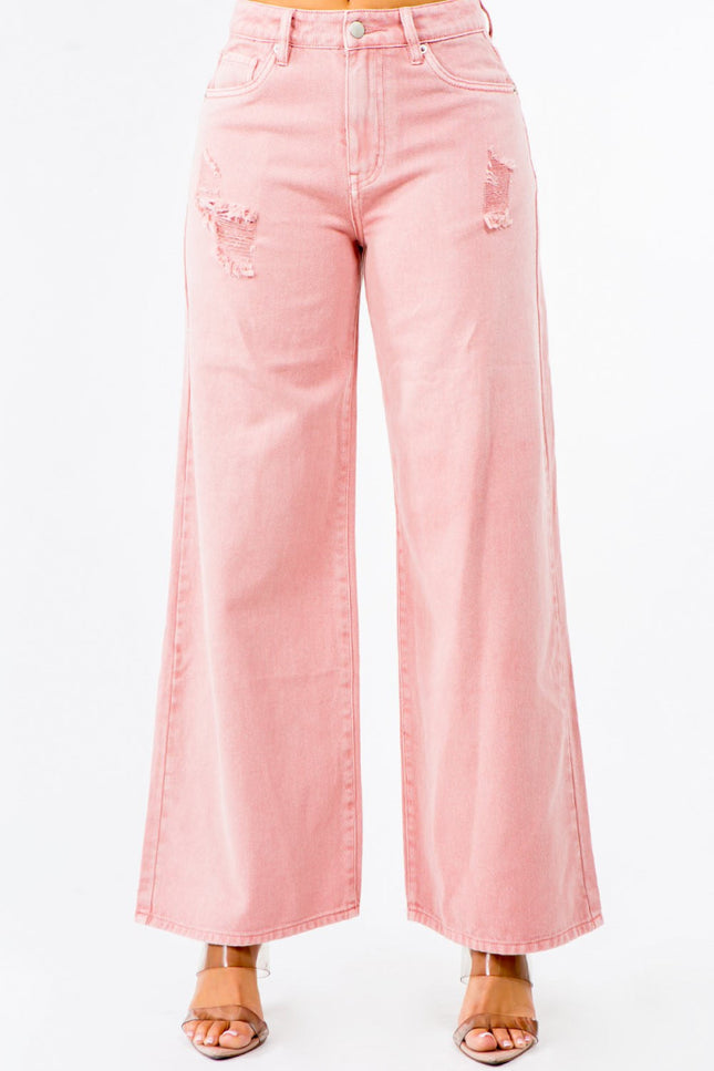 American Bazi High Waist Distressed Wide Leg Jeans - THE AMERICAN BLUE