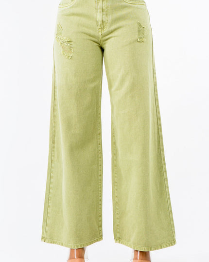 American Bazi High Waist Distressed Wide Leg Jeans - THE AMERICAN BLUE