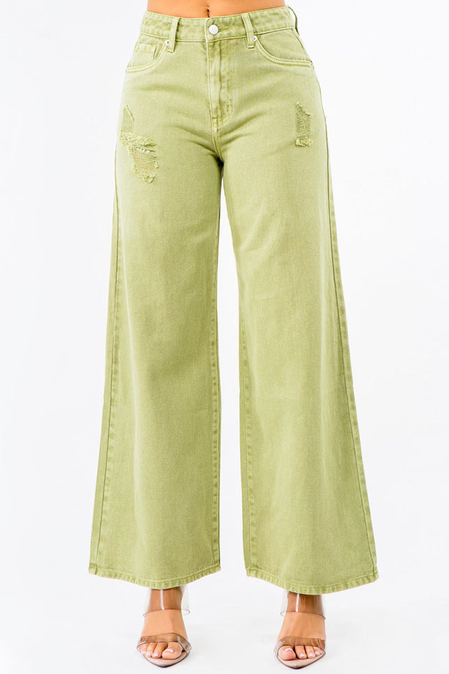 American Bazi High Waist Distressed Wide Leg Jeans - THE AMERICAN BLUE