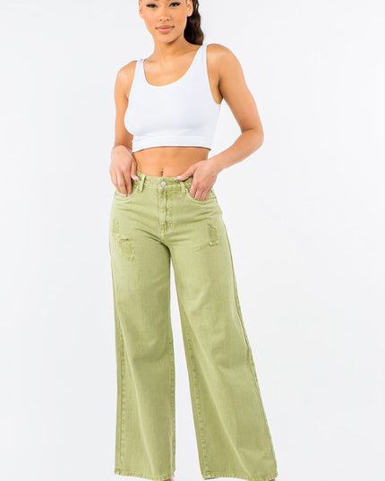 American Bazi High Waist Distressed Wide Leg Jeans - THE AMERICAN BLUE