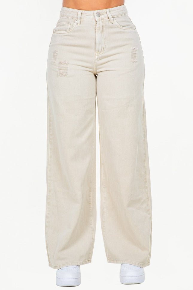 American Bazi High Waist Distressed Wide Leg Jeans - THE AMERICAN BLUE