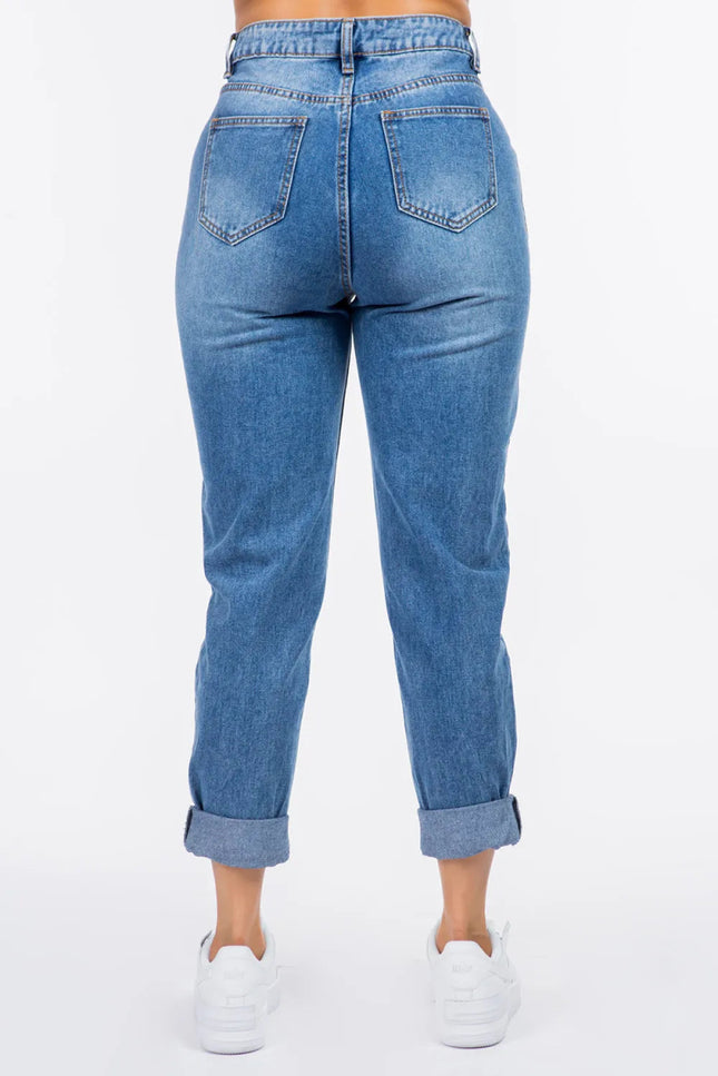 American Bazi High Waist Pleated Waist Mom Jeans - THE AMERICAN BLUE