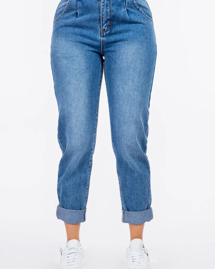 American Bazi High Waist Pleated Waist Mom Jeans - THE AMERICAN BLUE