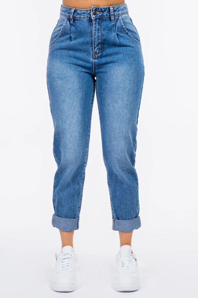 American Bazi High Waist Pleated Waist Mom Jeans - THE AMERICAN BLUE