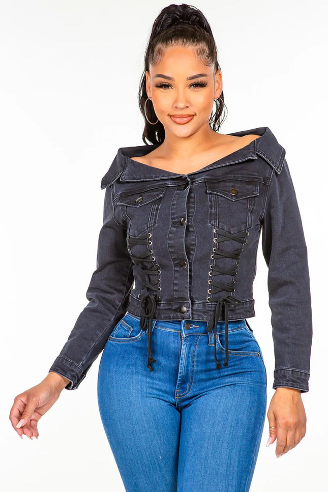 American Bazi Off Shoulder Lace Up Denim Jacket - THE AMERICAN BLUE