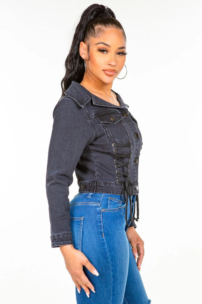 American Bazi Off Shoulder Lace Up Denim Jacket - THE AMERICAN BLUE