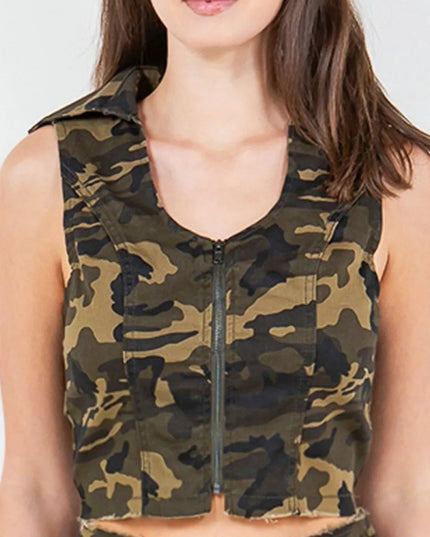 American Bazi Zip Up Camo Crop Denim Vest - THE AMERICAN BLUE