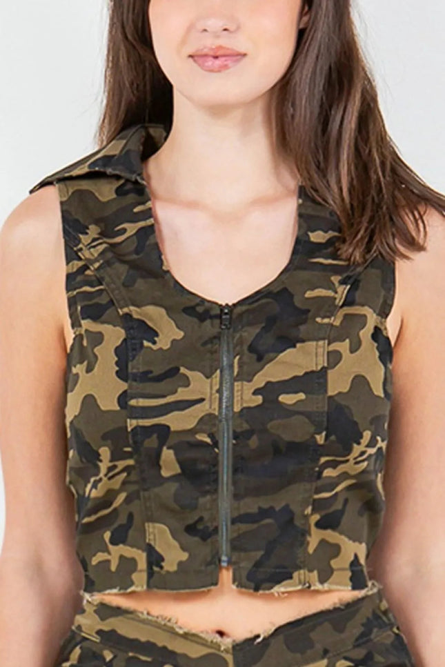 American Bazi Zip Up Camo Crop Denim Vest - THE AMERICAN BLUE