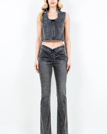 American Bazi Zip Up Washed Crop Denim Vest - THE AMERICAN BLUE