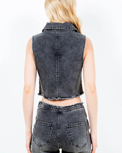 American Bazi Zip Up Washed Crop Denim Vest - THE AMERICAN BLUE