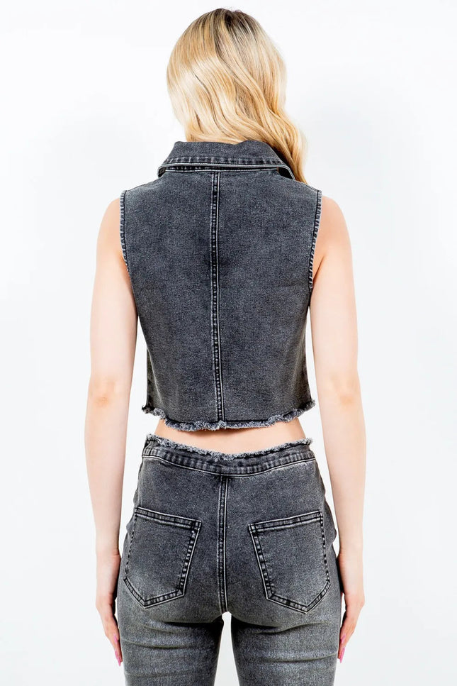 American Bazi Zip Up Washed Crop Denim Vest - THE AMERICAN BLUE