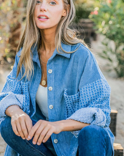And The Why Button Down Corduroy Contrast Texture Long Sleeve Shacket - THE AMERICAN BLUE