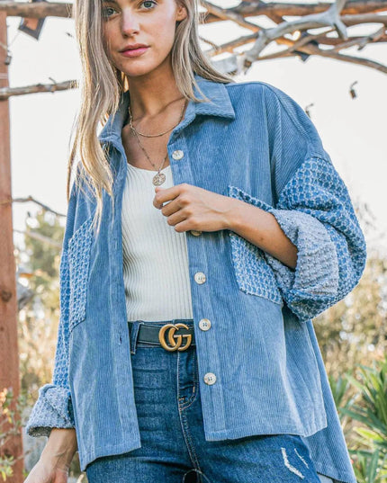And The Why Button Down Corduroy Contrast Texture Long Sleeve Shacket - THE AMERICAN BLUE