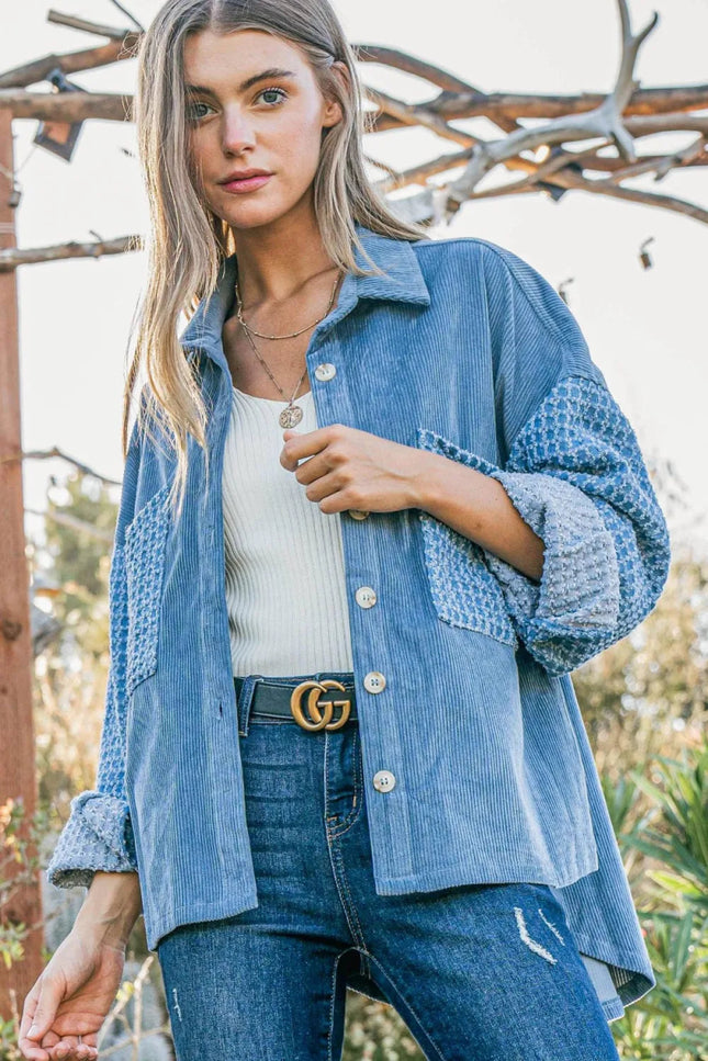 And The Why Button Down Corduroy Contrast Texture Long Sleeve Shacket - THE AMERICAN BLUE