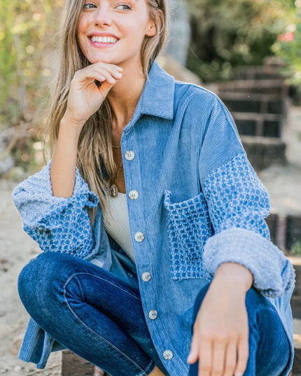 And The Why Button Down Corduroy Contrast Texture Long Sleeve Shacket - THE AMERICAN BLUE