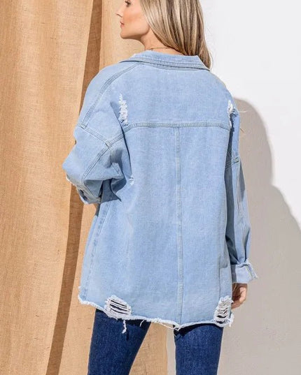 And The Why Button Front Flap Pocket Ripped Denim Jacket - THE AMERICAN BLUE