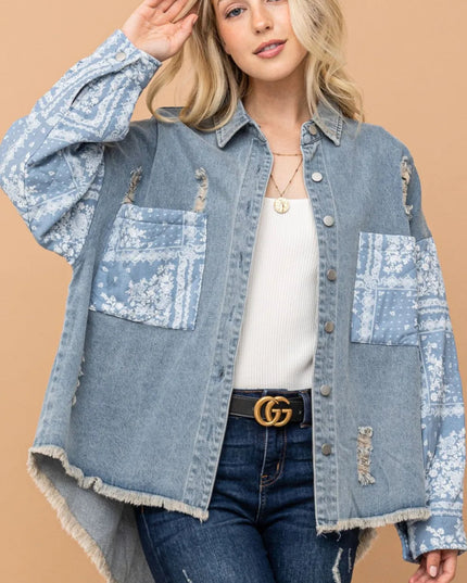 And The Why Full Size Paisley Print Quilted Sleeves Denim Jacket - THE AMERICAN BLUE