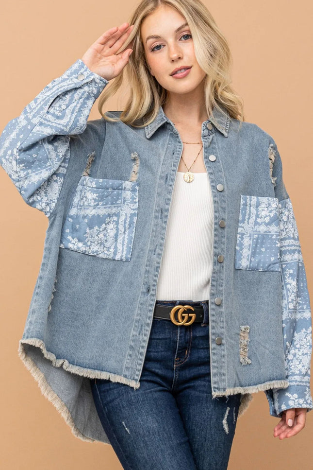 And The Why Full Size Paisley Print Quilted Sleeves Denim Jacket - THE AMERICAN BLUE