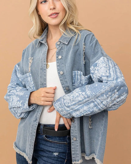 And The Why Full Size Paisley Print Quilted Sleeves Denim Jacket - THE AMERICAN BLUE