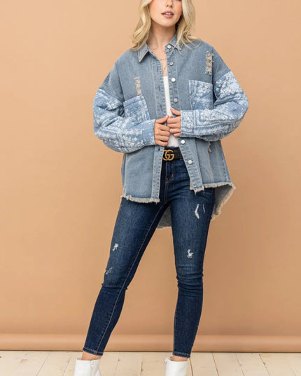 And The Why Full Size Paisley Print Quilted Sleeves Denim Jacket - THE AMERICAN BLUE