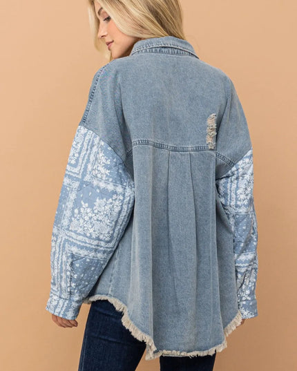 And The Why Full Size Paisley Print Quilted Sleeves Denim Jacket - THE AMERICAN BLUE