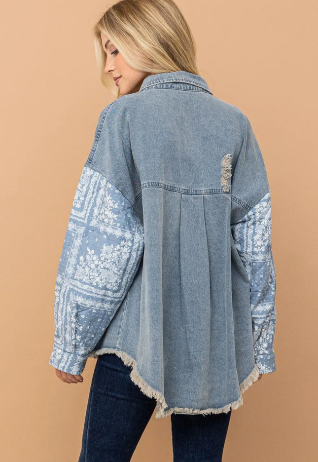And The Why Full Size Paisley Print Quilted Sleeves Denim Jacket - THE AMERICAN BLUE