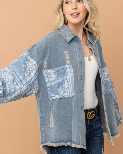 And The Why Full Size Paisley Print Quilted Sleeves Denim Jacket - THE AMERICAN BLUE
