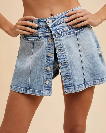 Annie Wear Button Detail Stretch Denim Wrap Mini Skort - THE AMERICAN BLUE