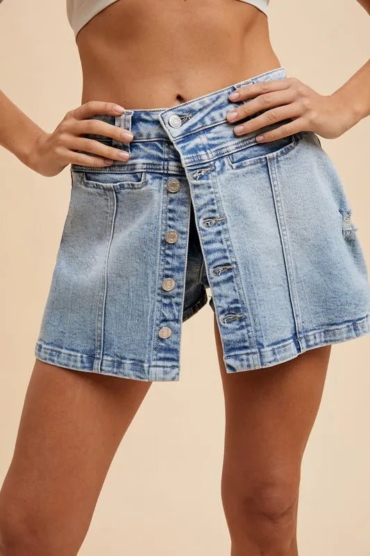 Annie Wear Button Detail Stretch Denim Wrap Mini Skort - THE AMERICAN BLUE