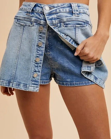 Annie Wear Button Detail Stretch Denim Wrap Mini Skort - THE AMERICAN BLUE