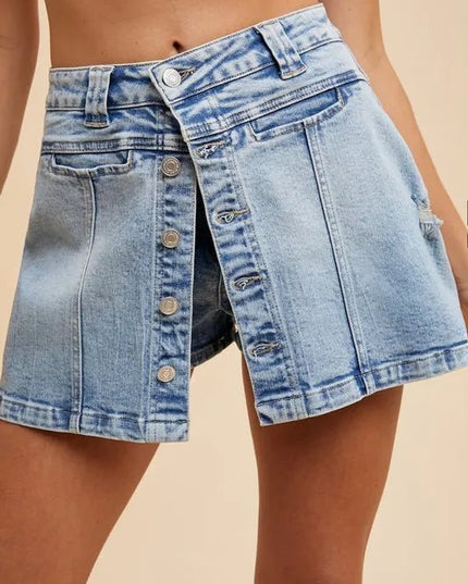 Annie Wear Button Detail Stretch Denim Wrap Mini Skort - THE AMERICAN BLUE