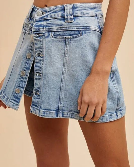 Annie Wear Button Detail Stretch Denim Wrap Mini Skort - THE AMERICAN BLUE