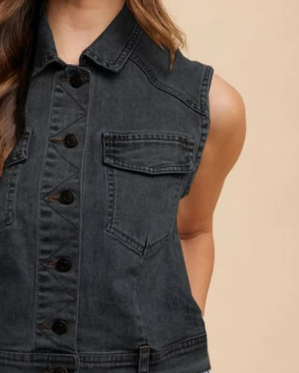 Annie Wear Collared Neck Button Down Denim Vest - THE AMERICAN BLUE